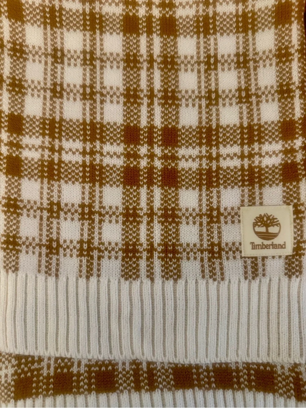 Timberland Plaid Knit Scarf Cream Camel NWT 63” Cozy Winter